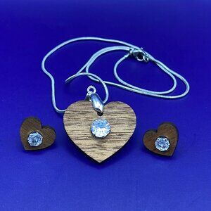Wood and Gemstone - Heart Jewelry for Valentine's Day. Heart Cubic Zirconia CZ